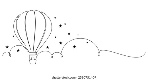 hot air balloon with stars in continuous line art. holiday vector element illustration.