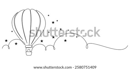 hot air balloon with stars in continuous line art. holiday vector element illustration.