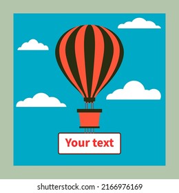 Hot air balloon with striped dome and basket in blue sky. Colorful hot air balloon flies among white clouds. Banner for text under basket. Business, adventure or travel. Holiday, joy and fun symbol.