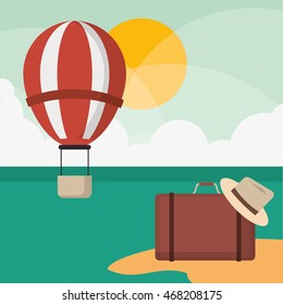 hot air balloon suitcase hat vacation summer travel tourism icon, vector illustration