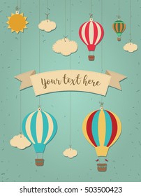 Hot air balloon and sun with clouds. Vector paper-art. Vectorillustration. Background. Greeting card. Banner.