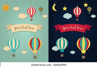 Globo de aire caliente. Sol con nubes y luna con estrellas. Dibujo vectorial de papel. Antecedentes.Tarjeta de felicitación. Cartel.