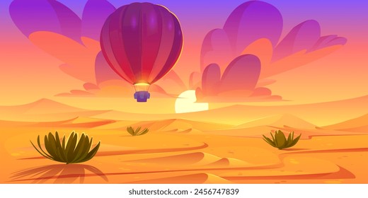 Hot air balloon and sunset desert landscape scene. Wild west horizon illustrated design. Beautiful sahara valley with sun in pink and orange sky summer banner. Arabian sand hills game illustration