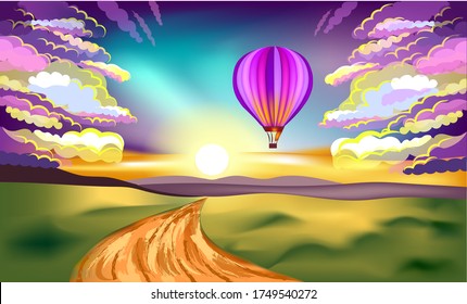 Hot air balloon in sunset. Multi-colored balloon flying sunset over the road. Color artistic image of a beautiful sunset.
