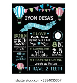 hot air balloon themed first birthday baby milestone typography infographic chalkboard art illustration