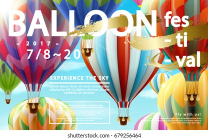 Hot Air Balloon Tour For Travel Agency And Website In 3d Illustration, Colorful Balloons Flying In The Air