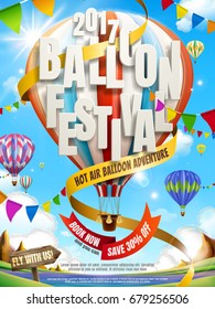 Hot air balloon tour for travel agency and website in 3d illustration, colorful balloons with flags flying in the air