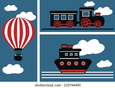 hot air balloon, train and boat icon on blue background