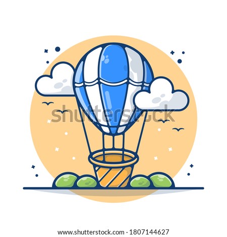Hot Air Balloon Transportation Vector Illustration. Hot Air Balloon 
Traveling Concept. Transportation with Clouds. Flat Cartoon Style Suitable for Sticker, Wallpaper, Icon, Landing Page, Web.