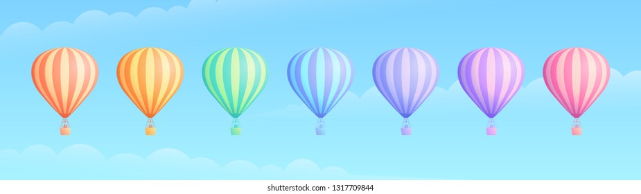 Hot air balloon travel adventure vector illustration set. White cloud on summer blue sky, collection of rainbow colors hot air balloons or airships for sale banner promotion. Clipping mask applied.