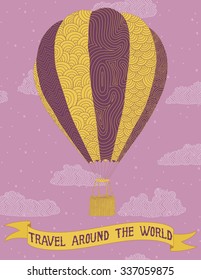 Hot air balloon with "Travel Around the World" banner.