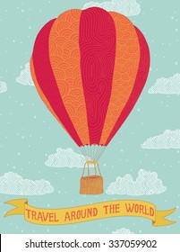 Hot air balloon with "Travel Around the World" banner.