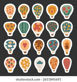 Hot air balloon travel cartoon set in scandinavian style with different patterns for illustration and decoration of adventure themed and journey creative design projects