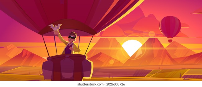 Hot air balloon travel, man with dove on hand