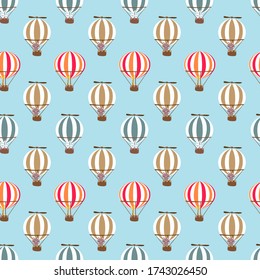 hot air balloon vector. hare vector. giraffe vector. bear vector. Hares fly around in a balloon, giraffe travels in a balloon, bear travels in a balloon seamless pattern