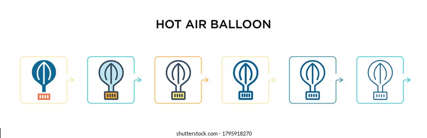 Hot air balloon vector icon in 6 different modern styles. Black, two colored hot air balloon icons designed in filled, outline, line and stroke style. Vector illustration can be used for web, mobile,