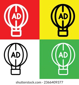 Icono vectorial del globo de aire caliente Icono del vector, Icono del estilo de contorno, de la colección de iconos de publicidad, aislado en Fondo rojo, amarillo, verde y blanco.