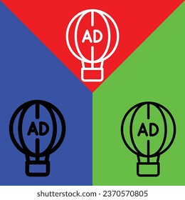 Icono vectorial del globo de aire caliente Icono del vector, Icono del estilo de contorno, de la colección de iconos de publicidad, aislado en Fondo rojo, amarillo, verde y blanco.