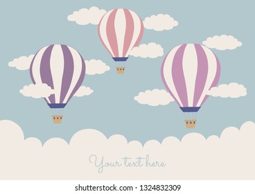 Hot air balloon vector illustration. Cute template baby girl children birthday greeting card invitation. Freedom adventure sky clouds. Landscape template. - Vector