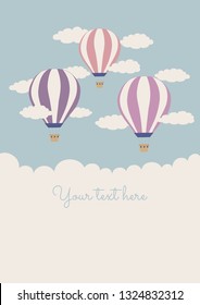 Hot air balloon vector illustration. Cute template baby girl children birthday greeting card invitation. Freedom adventure sky clouds. Portrait template. - Vector