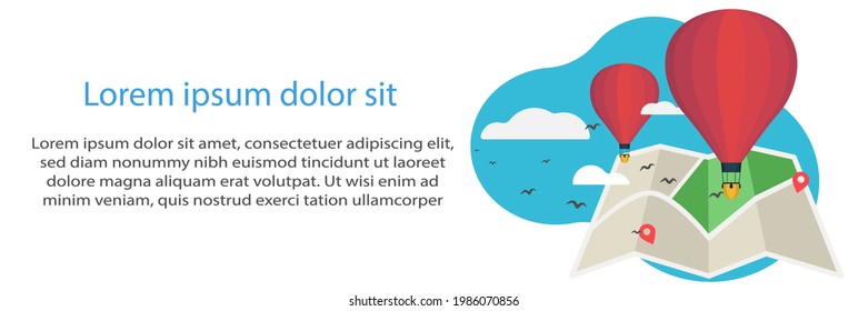 Hot air balloon. Vector illustration in flat style design. Vacation and travel on map with birds and cloud or sky