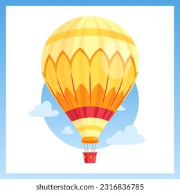 Hot air balloon. Vector illustration of air balloon, airships with basket in the sky with clouds. Romantic concept for festival poster, web banner, greeting card, envelope. Summer honeymoon trip