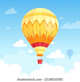 Globo de aire caliente. Ilustración vectorial de globo de aire, aviones con canasta en el cielo con nubes. Concepto romántico para el afiche del festival, banner web, tarjeta de saludo, sobre. Viaje de luna de miel