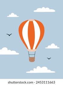 Hot air balloon vector illustration. Flying hot air balloon in the sky with clouds