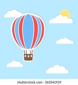 Hot air balloon vector illustration, blue background.