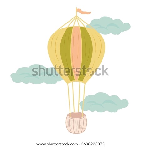 Hot air balloon vector illustration, clouds. Colorful aerostat design for cards, invitations, icons, logos