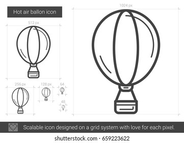 Icono de línea vectorial de globo de aire caliente aislado en fondo blanco. Icono de línea de globo aerostático para infografía, sitio web o aplicación. Icono escalable diseñado en un sistema de cuadrícula.