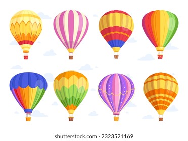 Hot air balloon. Vector set of air balloon, aerostat with basket in the sky with cloud. Romantic summer travel concept for greeting card, web page, birthday, sale banner. Time to travel. Air Transport
