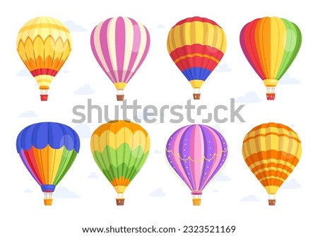 Hot air balloon. Vector set of air balloon, aerostat with basket in the sky with cloud. Romantic summer travel concept for greeting card, web page, birthday, sale banner. Time to travel. Air Transport