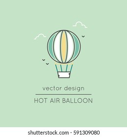 Hot air balloon vector thin line icon. Colored isolated symbol, aerostat. Logo template, element for travel agency products, tour brochure, excursion banner. Simple mono linear modern design.