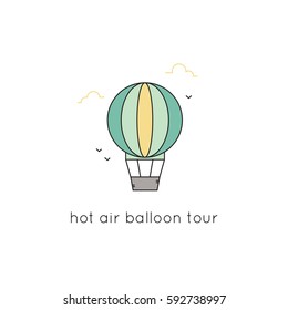 Hot air balloon vector thin line icon. Colored isolated symbol, aerostat. Logo template, element for travel agency products, tour brochure, excursion banner. Simple mono linear modern design.