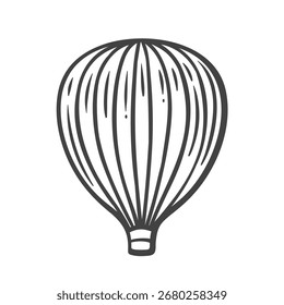 Hot air balloon with vertical lines and small basket, hand drawn in black line. Travel themed doodle perfect for postcards, invitations, or tourist design. Vector illustration.