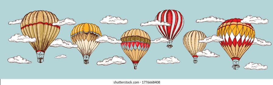 Hot air balloon vintage style. Hand drawn illustration. Vector