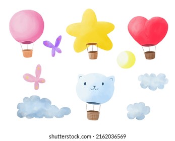 Hot air balloon watercolor set. Watercolor children hand drawn sky. Cartoon balloon. Traced vector illustration on a white background.