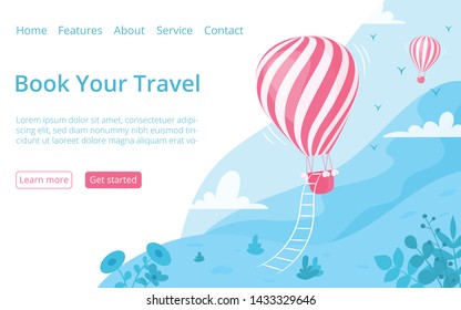 Hot air balloon website booking page template vector illustration. Landing page adventure booking concept with red hot air balloon at blue mountain landscape for travel web page interface layout