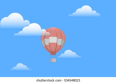 Hot air balloon with white clouds on blue sky. Retro style - effect shadow. Vector illustration
