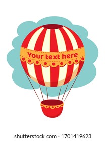 Hot air balloon with yellow ribbon for the text on blue background