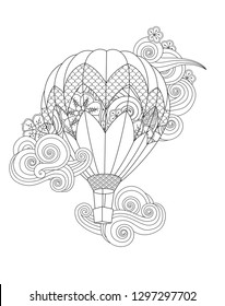 Hot air balloon in zentangle inspired doodle style isolated on white. Coloring book page for adult and older children. Vector