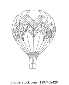 hot air balloon in zentangle inspired doodle style isolated on white. Coloring book page for adult and older children.