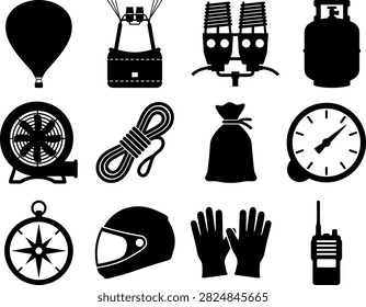 Hot air ballooning equipment and flight accessories black icon set for aeronautics, balloon flight, and outdoor adventure vector illustration