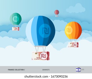 Hot air balloons with 20 Israeli New Shekel banknotes. Flat style vector illustration. Finance concept.