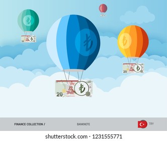 Hot air balloons with 20 Turkish Lira Banknotes. Flat style vector illustration. Finance concept.