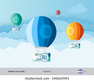 Hot air balloons with 200 Israeli New Shekel banknotes. Flat style vector illustration. Finance concept.