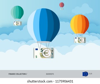 Hot air balloons with 5 Euro Banknotes. Flat style vector illustration. Finance concept.