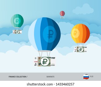 Hot air balloons with 5 Russian Ruble banknotes. Flat style vector illustration. Finance concept.