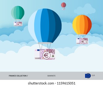 Hot air balloons with 500 Euro Banknotes. Flat style vector illustration. Finance concept.